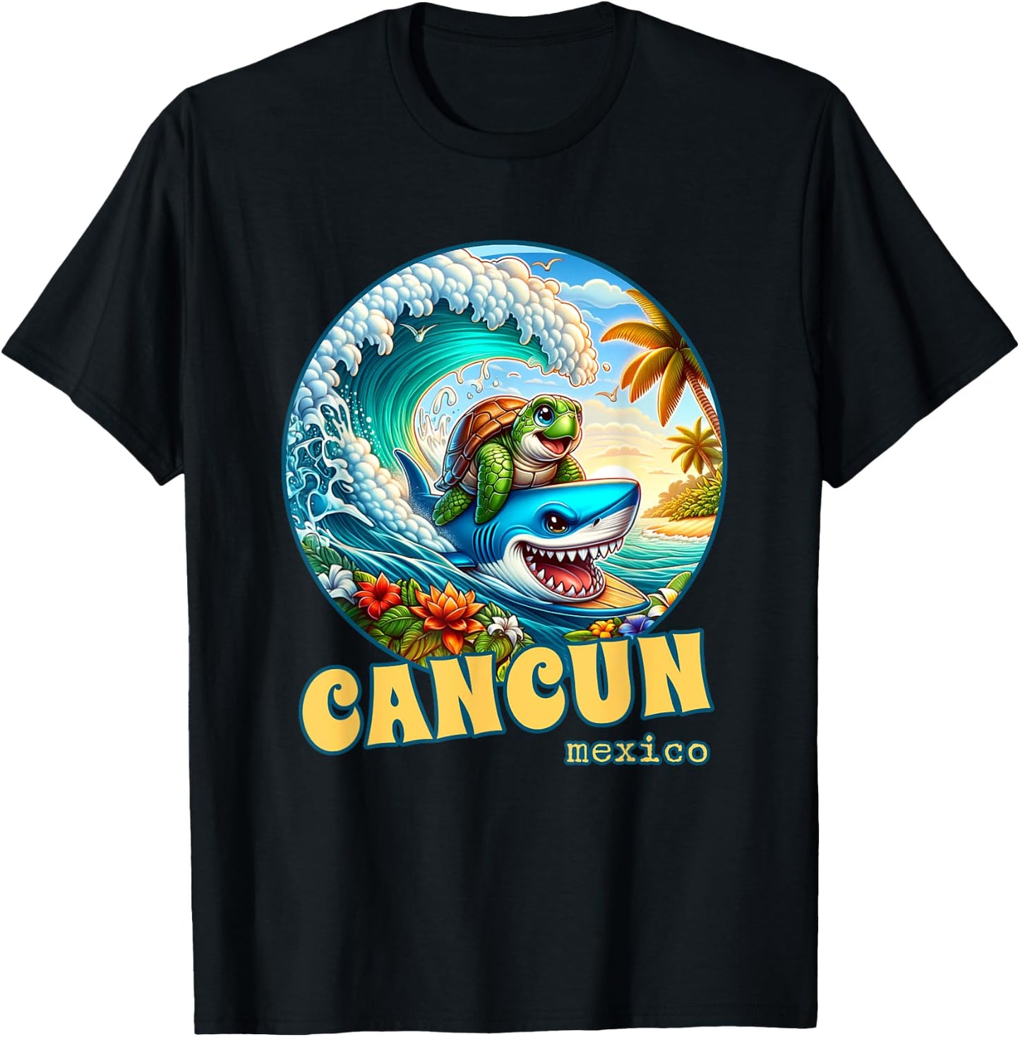 Cancun Mexico Surfing Sea Turtle and Shark T-Shirt - T-Shirt | Black