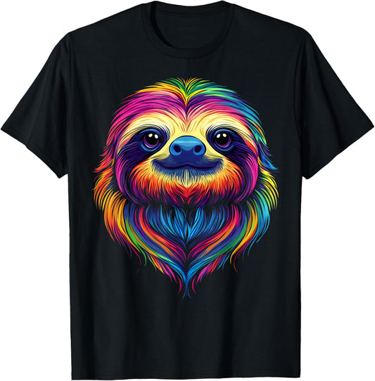 Colorful Sloth Face Cute Rainforest Jungle Animals Black T-Shirt - T-Shirt | Black