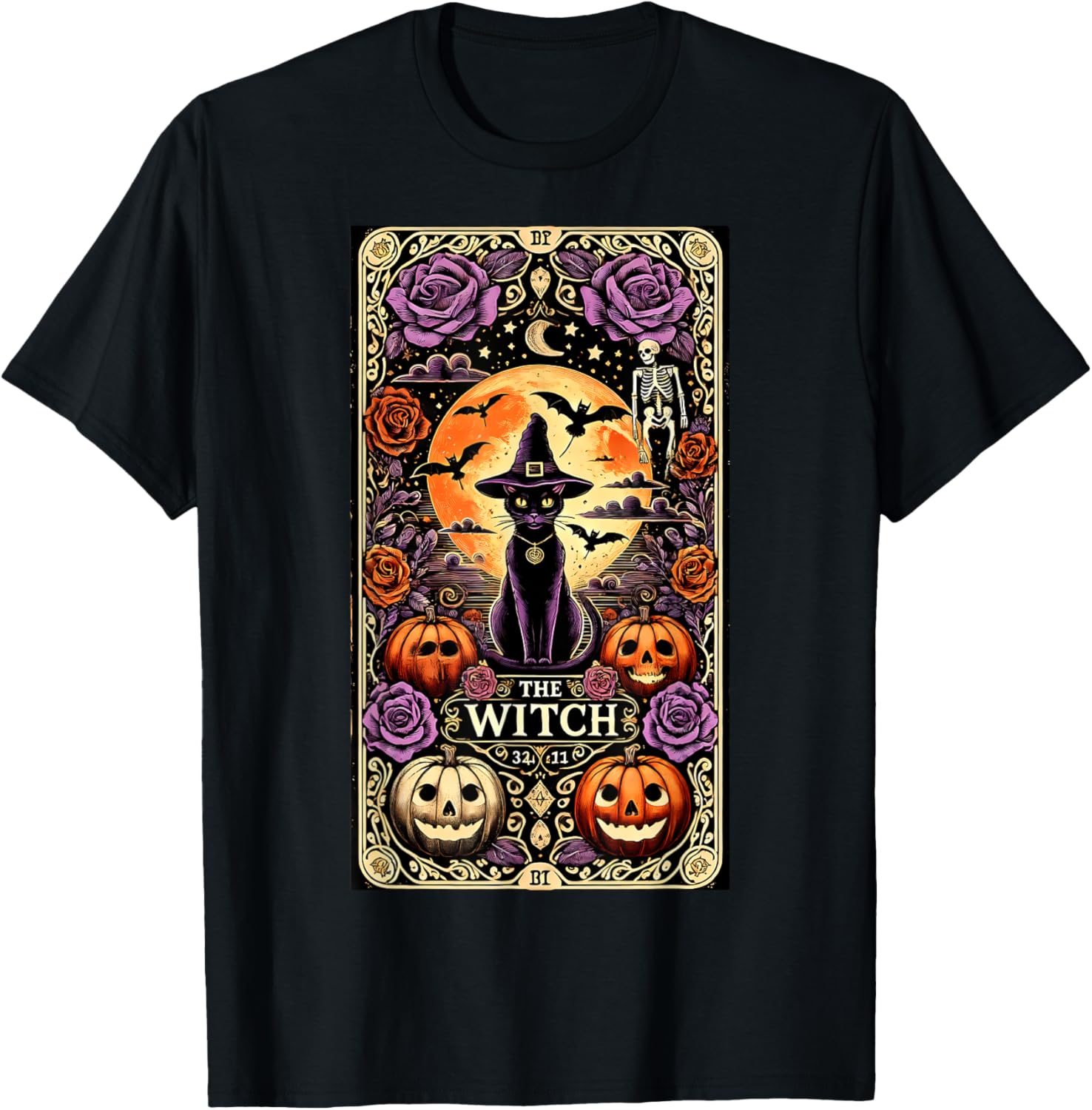 Vintage Gothic The Witch Black Cat Tarot Card Halloween 2024 Men Women Kids T-Shirt - T-Shirt | Black