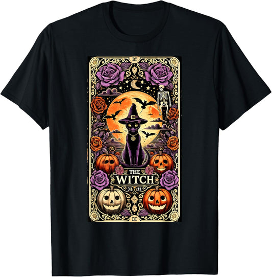 Vintage Gothic The Witch Black Cat Tarot Card Halloween 2024 Men Women Kids T-Shirt - T-Shirt | Black