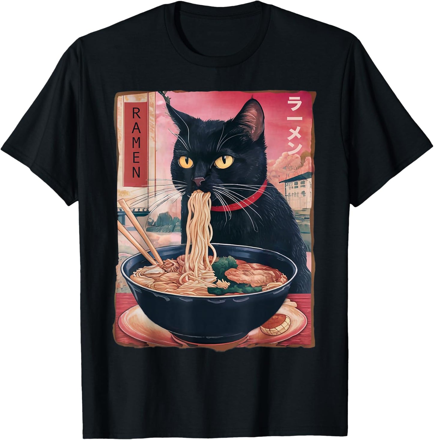 Cat Ramen Noodle Japanese Anime Kawaii Gifts Men Women Kids T-Shirt - T-Shirt | Black