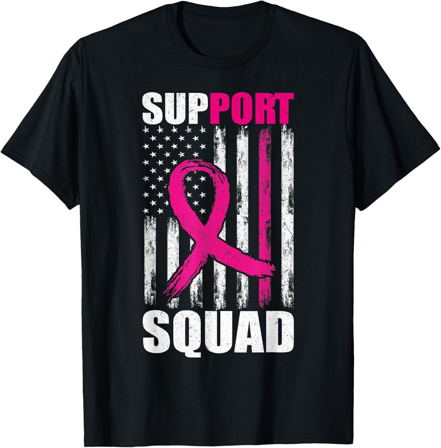Breast Cancer Support Squad For Mom Flag Pink Ribbon T-Shirt - T-Shirt | Black