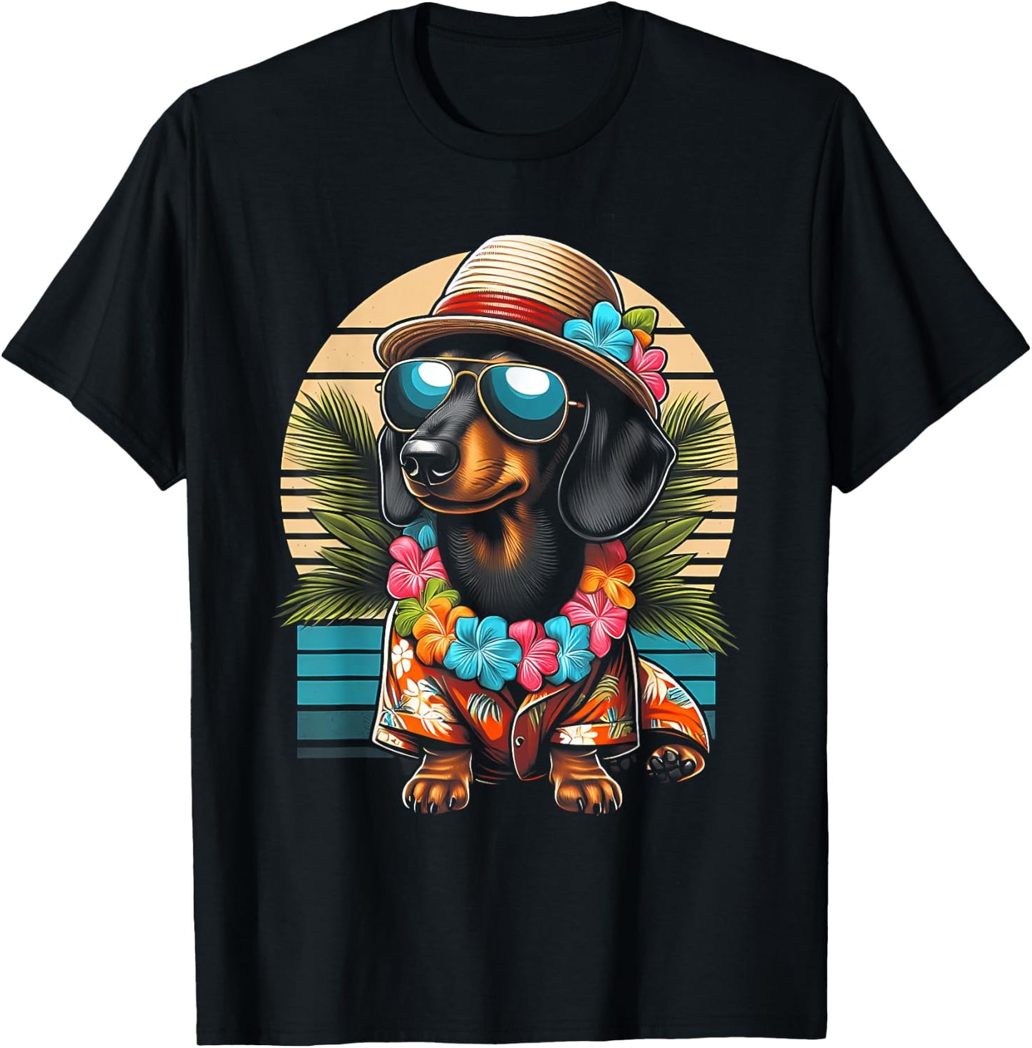 Retro Hawaiian Dachshund Dog Tropical Floral Summer Vibes Women Kids T-Shirt - T-Shirt | Black