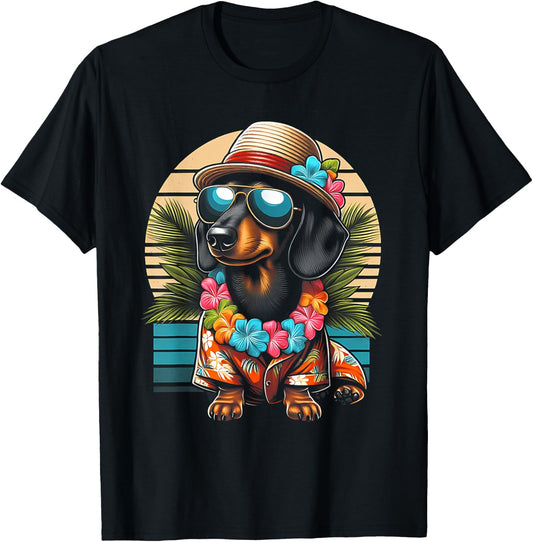 Retro Hawaiian Dachshund Dog Tropical Floral Summer Vibes Women Kids T-Shirt - T-Shirt | Black