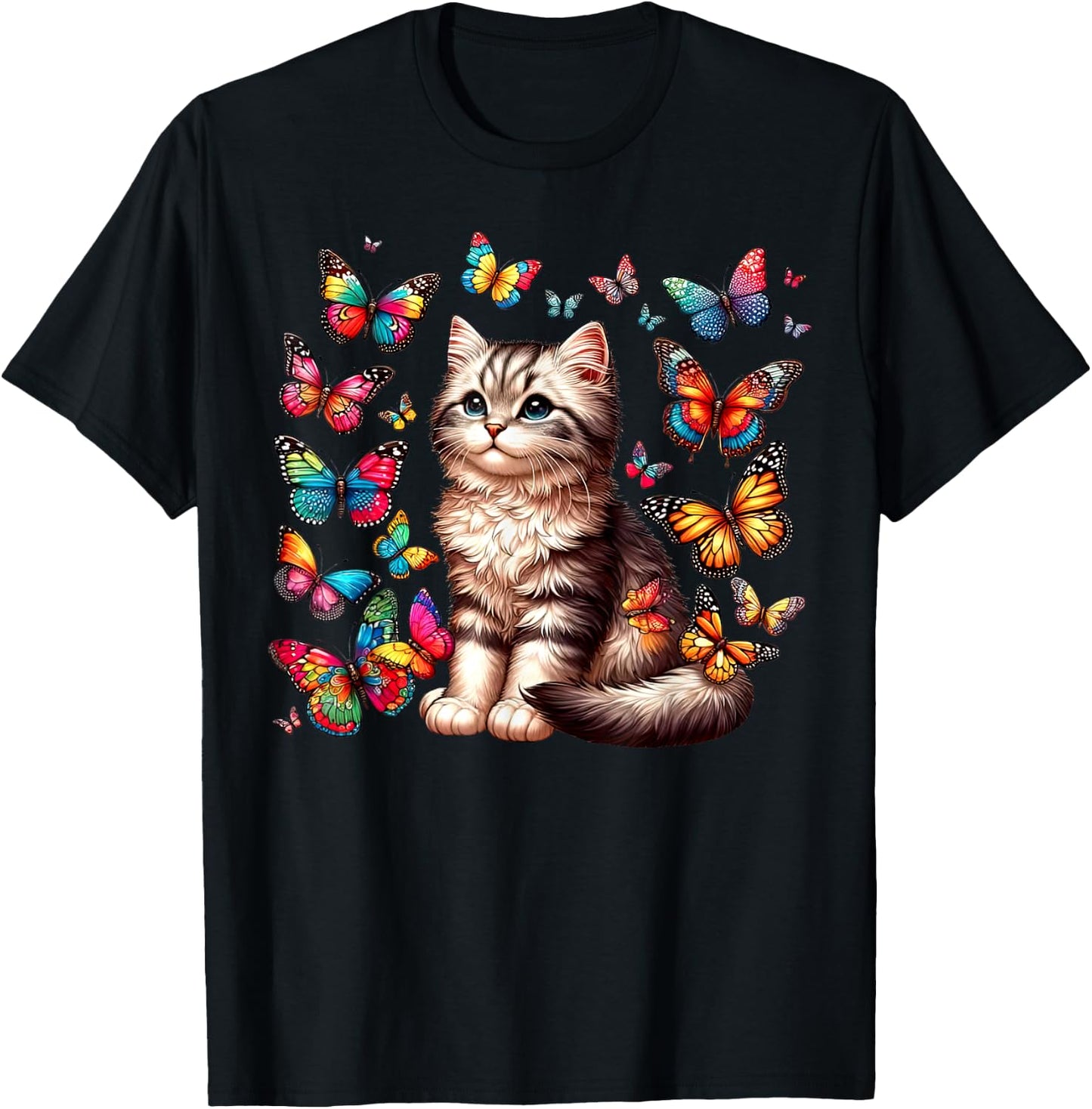 Cute Cat With Colorful Butterfly Art Pet Lover Kitten Women Girls Kids T-Shirt - T-Shirt | Black