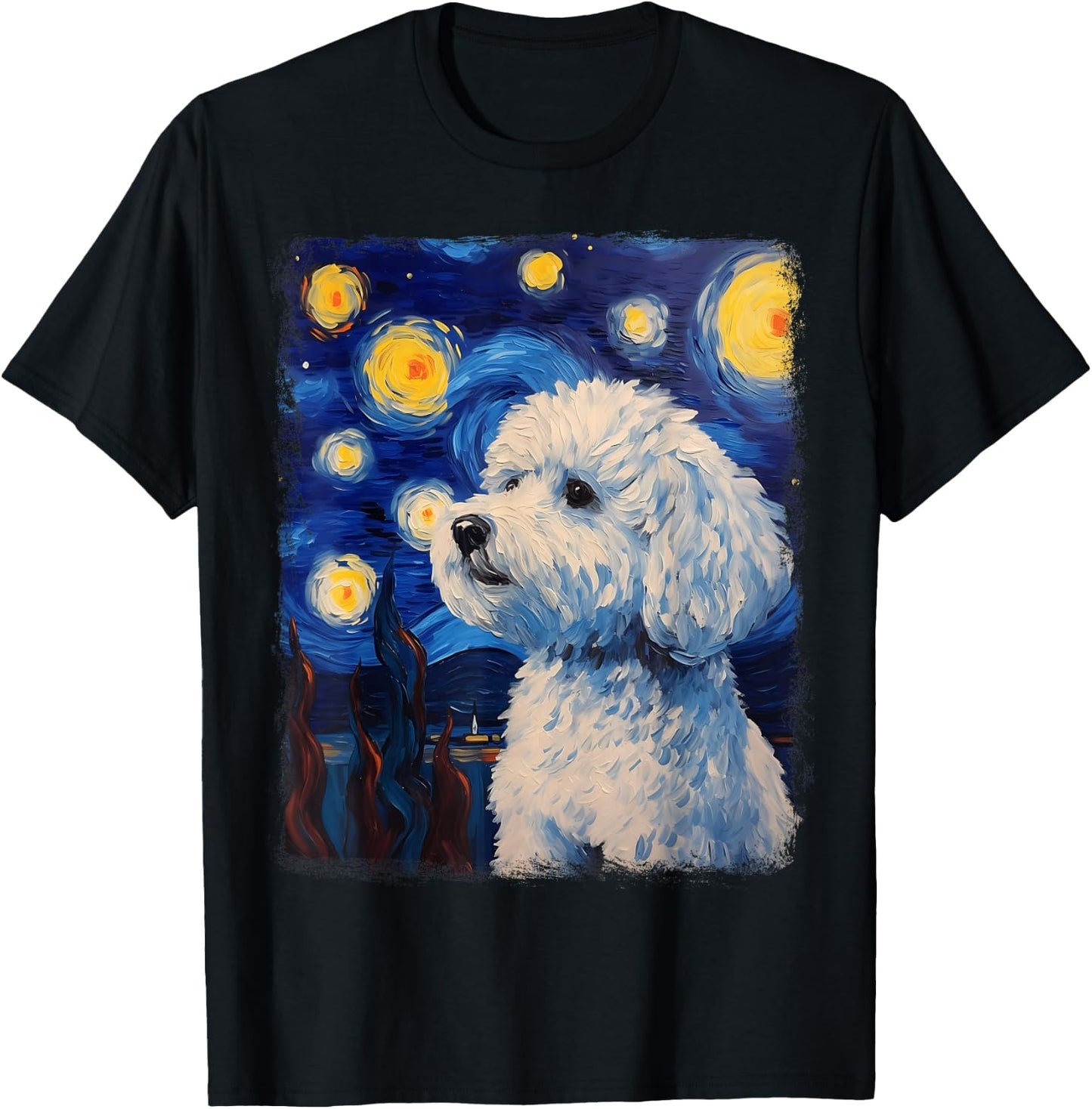 Bichon Frise Dog Starry Night Painting T-Shirt - T-Shirt | Black