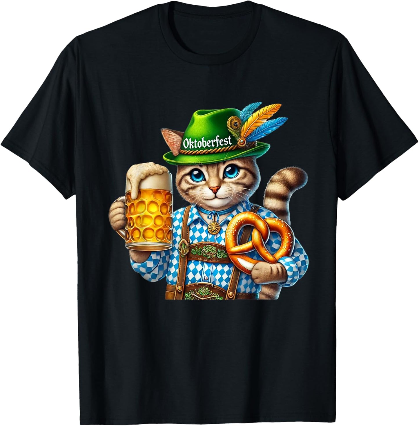 Oktoberfest Cat Beer Pretzel Costume Lederhosen T-Shirt - T-Shirt | Black