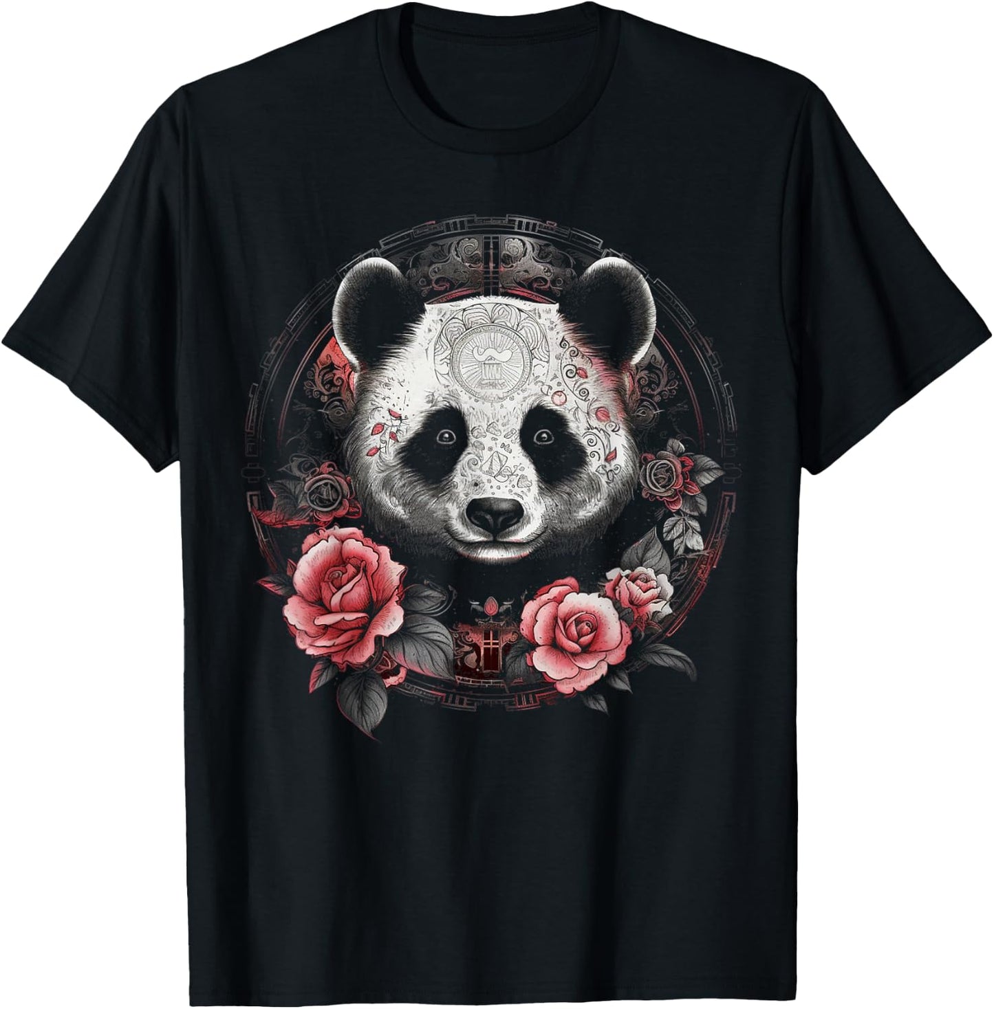 Panda Art Flowers Roses Animal Artwork Panda T-Shirt - T-Shirt | Black