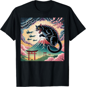 Catzilla Cat Japanese Art Kids Cat Lover T-Shirt - T-Shirt | Black