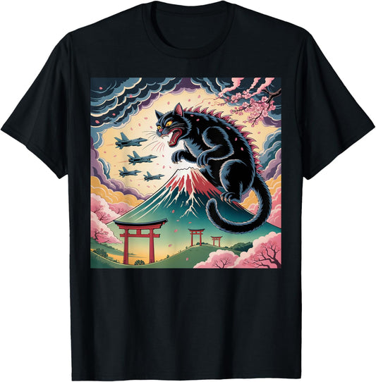 Catzilla Cat Japanese Art Kids Cat Lover T-Shirt - T-Shirt | Black
