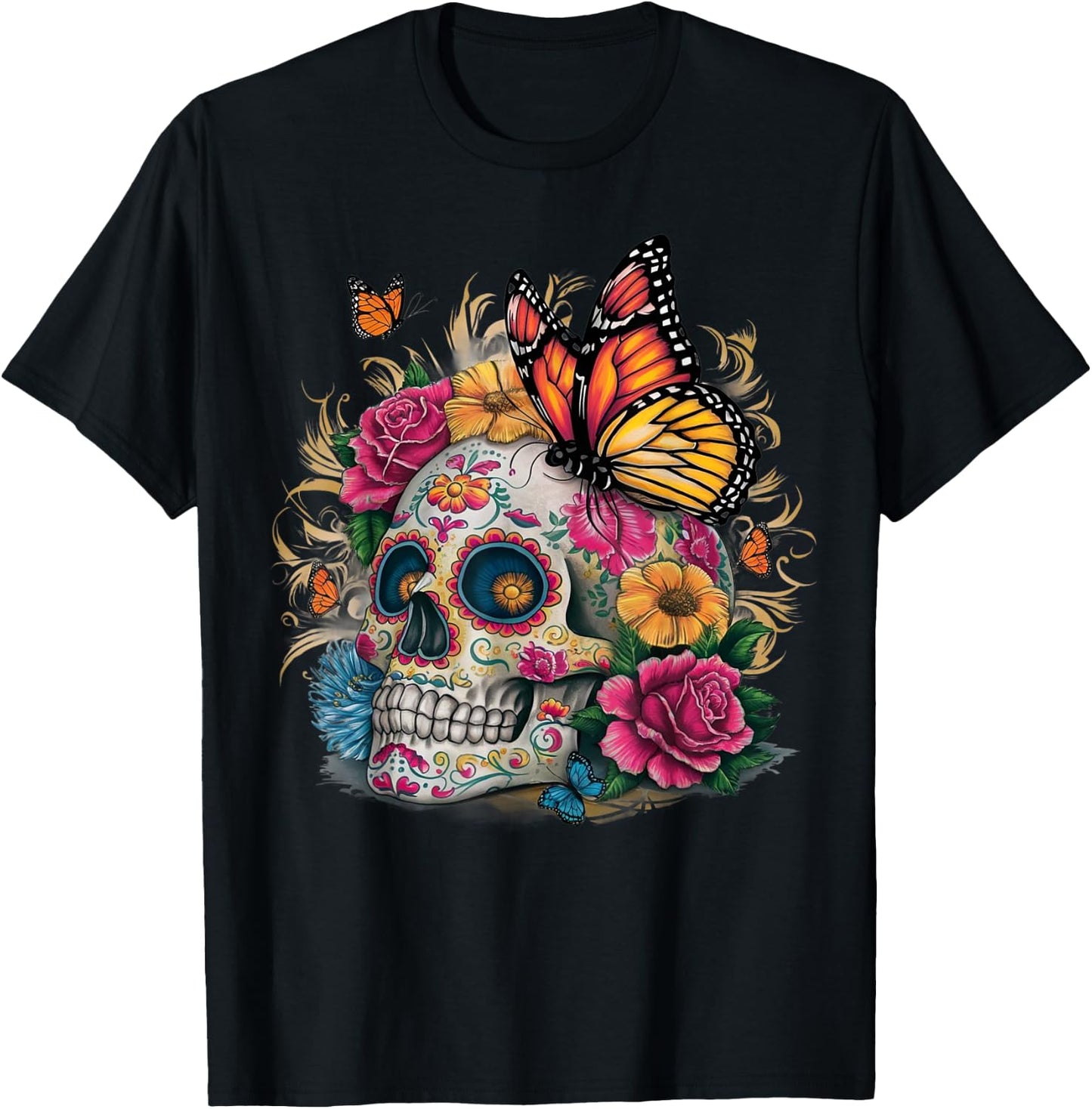 Sugar Skull Butterfly Day of Dead Halloween Dia De Muertos T-Shirt - T-Shirt | Black