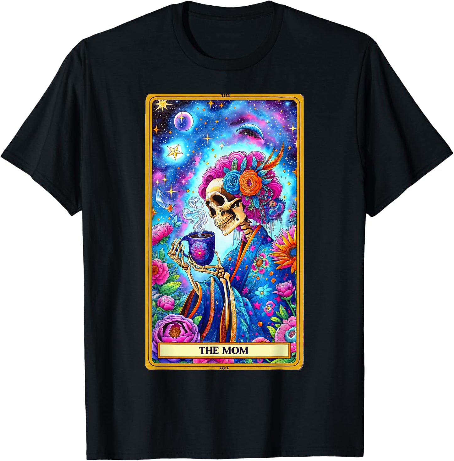 Mom Tarot Card Skeleton Skelly Messy Bun Robe Coffee Mama T-Shirt - T-Shirt | Black