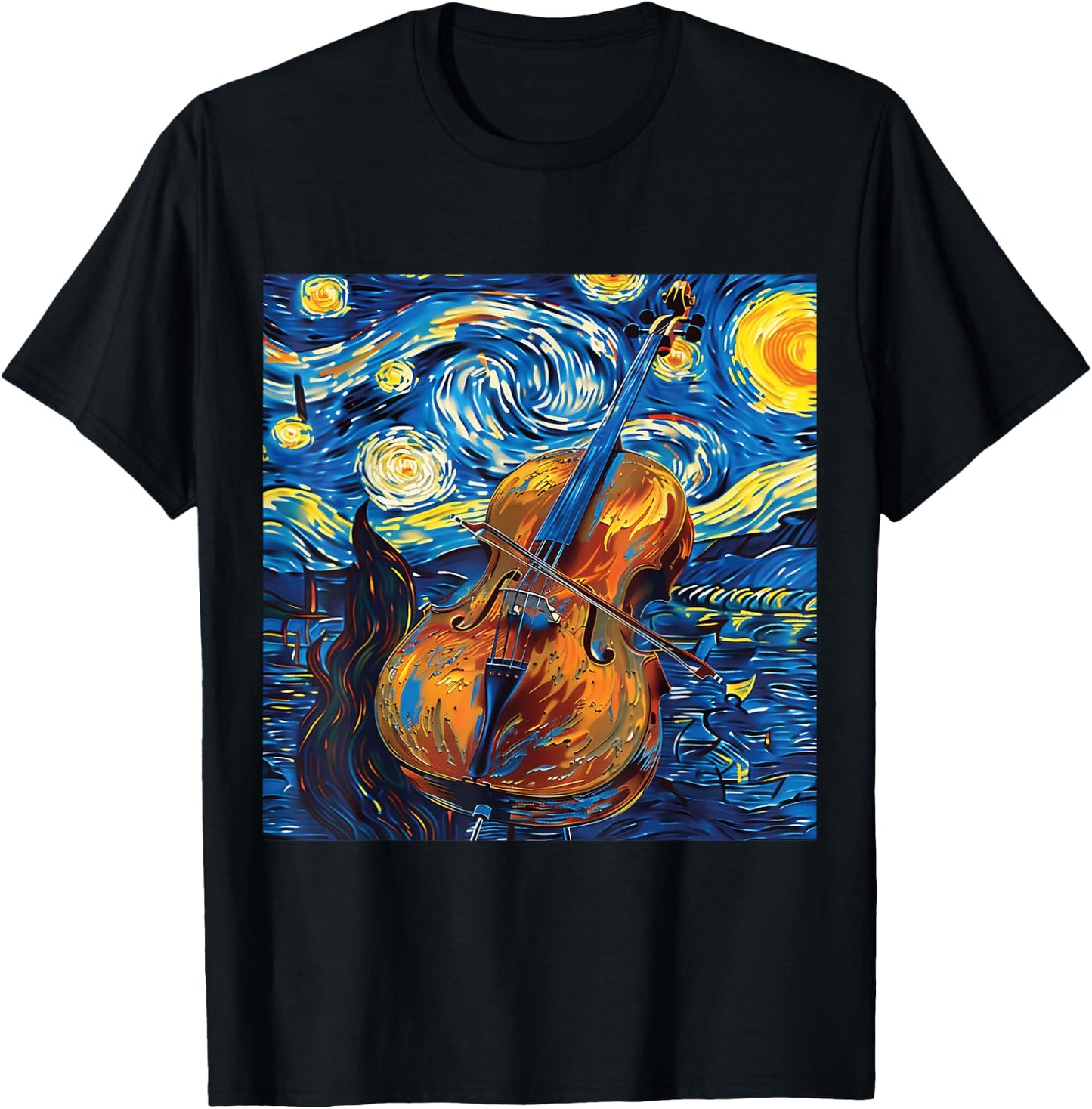 Cello Art Style Starry Sky Night Swing Music T-Shirt - T-Shirt | Black