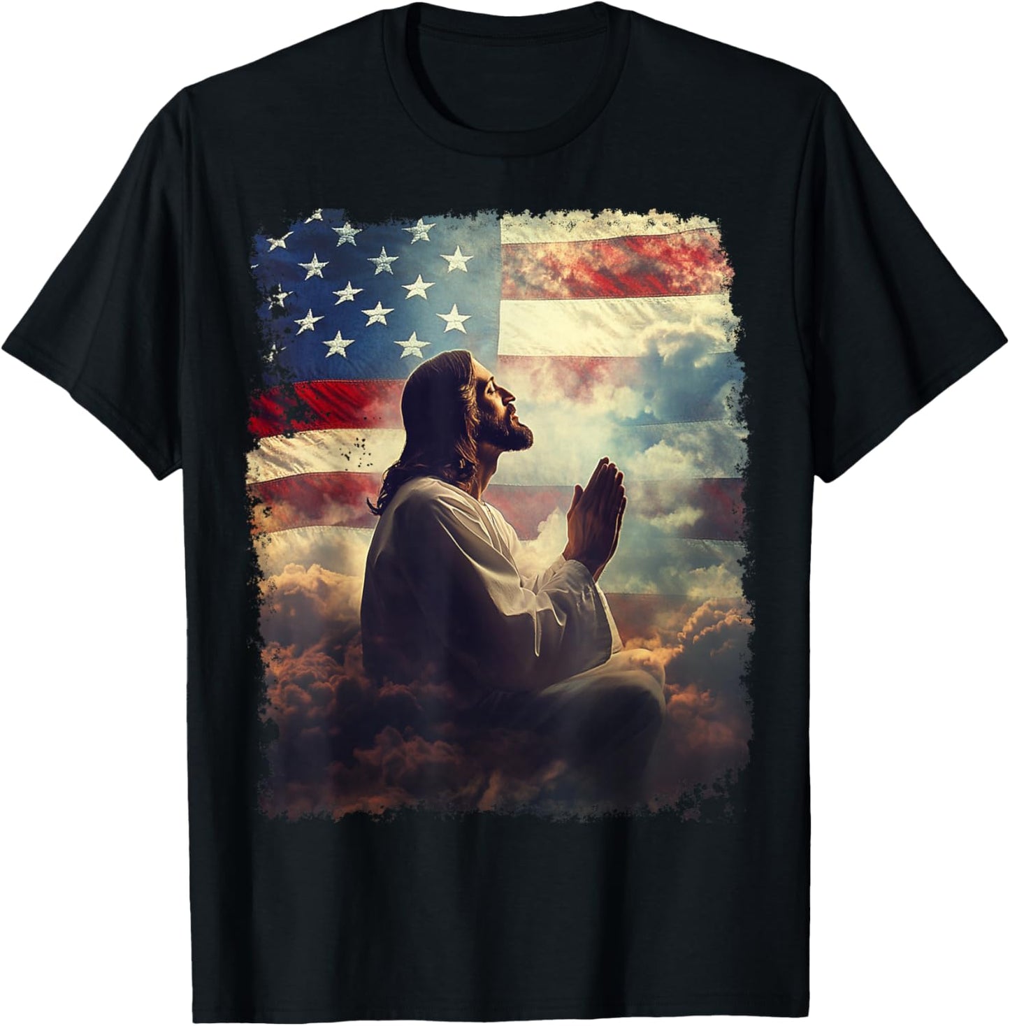 Jesus Christ Praying for America Flag T-Shirt - T-Shirt | Black