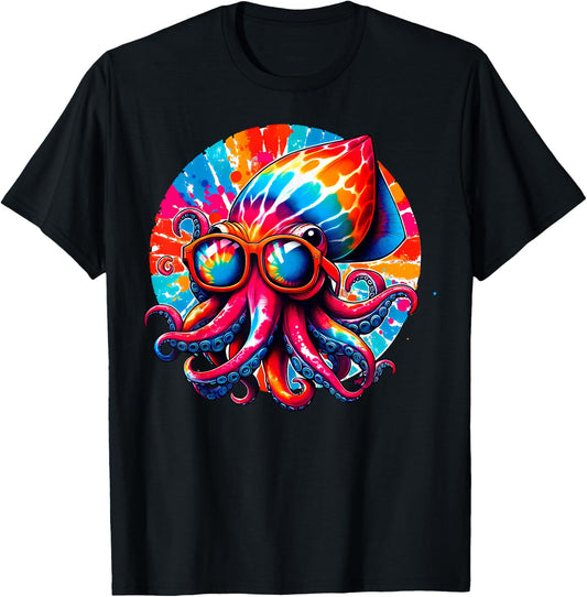 Cool Graphic Tie Dye Sunglasses Squid Illustration Art T-Shirt - T-Shirt | Black