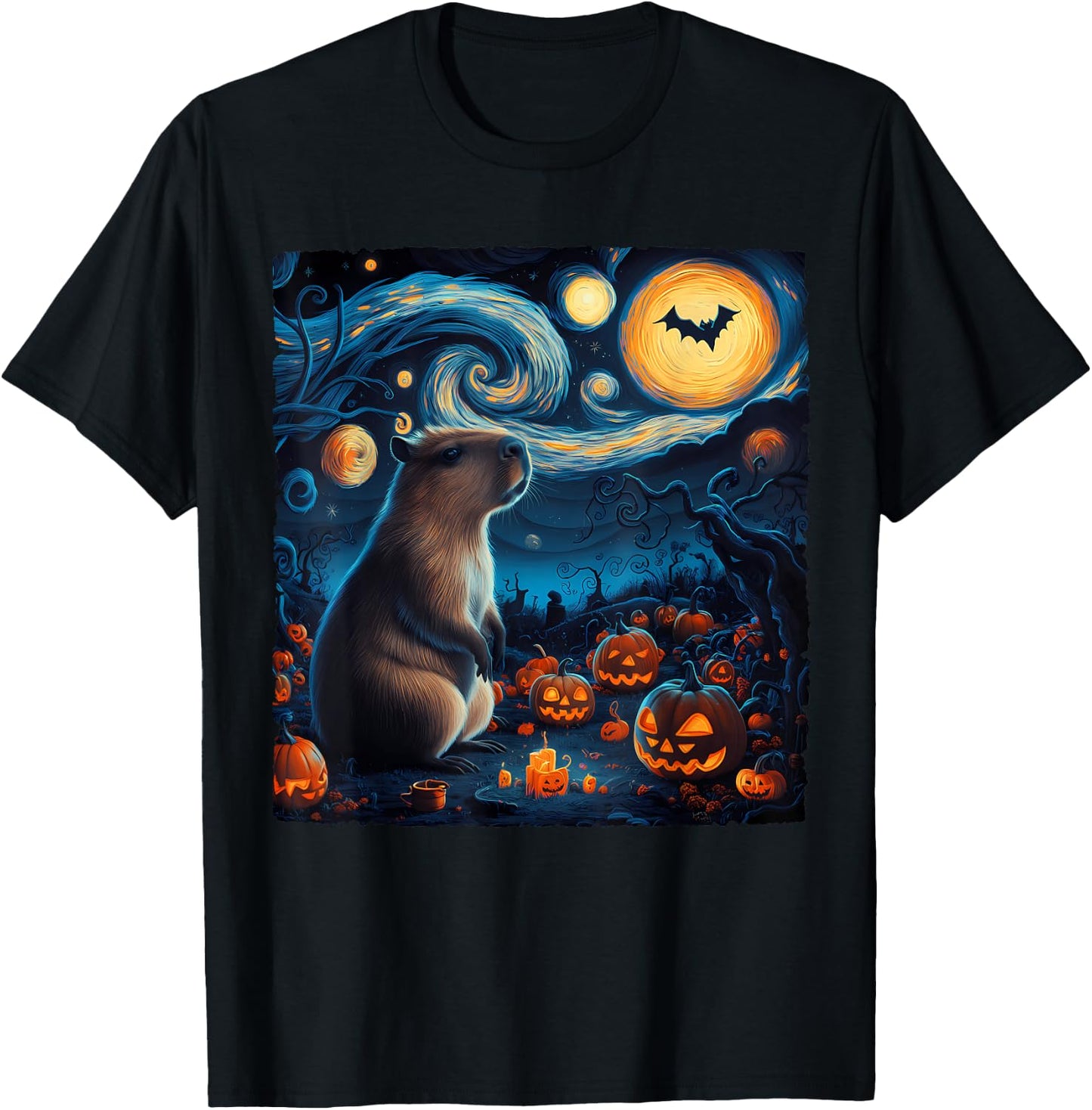 Halloween Van Gogh' Starry Night Capybara Pumpkins Bats T-Shirt - T-Shirt | Black