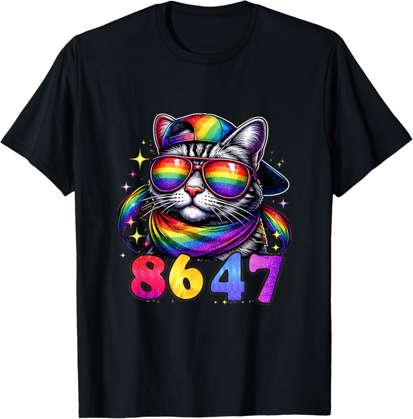 8647 Rainbow Cat Sunglasses Funny Pride Protest Graphic T-Shirt - T-Shirt | Black