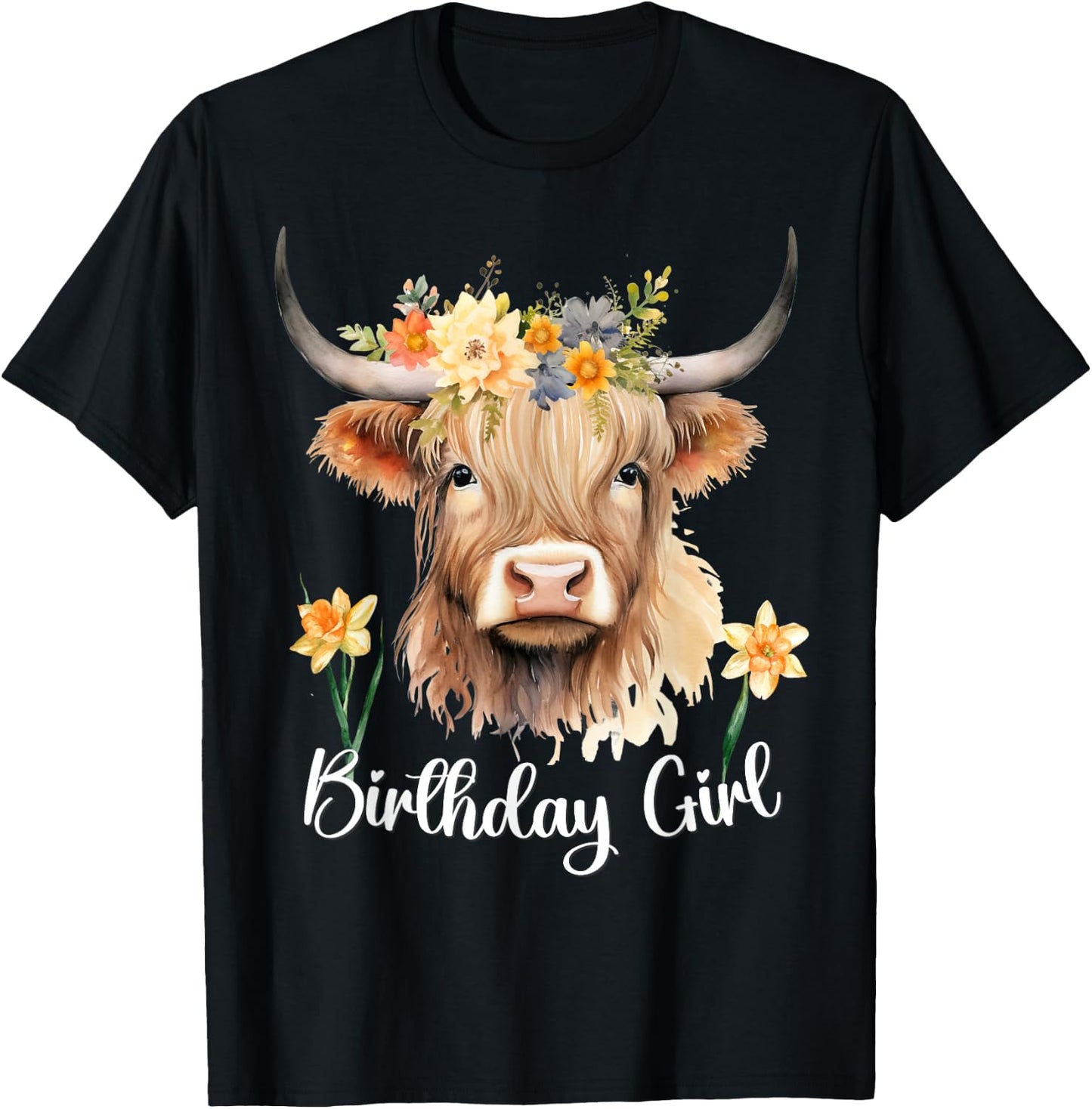 Highland Cow with Flowers for the Birthday Girl Toddler 6-8 T-Shirt - T-Shirt | Black