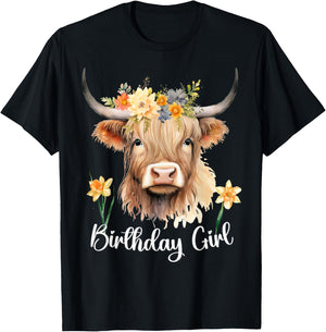 Highland Cow with Flowers for the Birthday Girl Toddler 6-8 T-Shirt - T-Shirt | Black