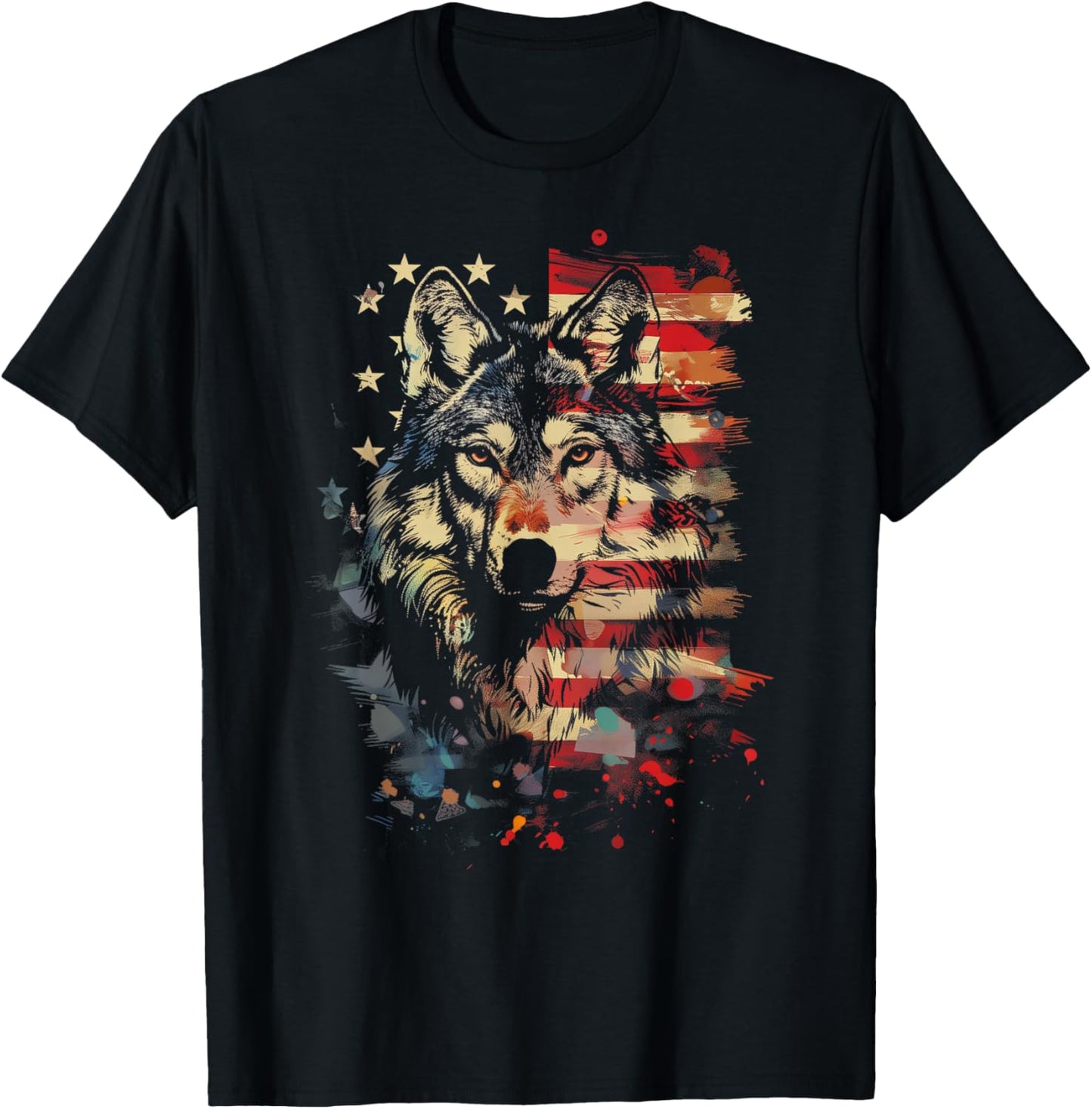 Patriotic Wolf American Flag USA Wolf Lover Vintage T-Shirt - T-Shirt | Black