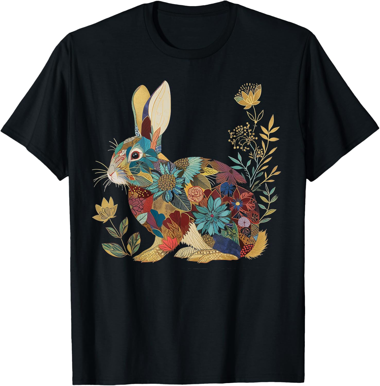 Bunny Floral Rabbit Colourful Flowers Easter Vintage Cute T-Shirt - T-Shirt | Black
