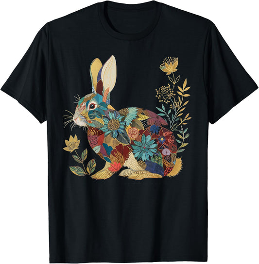 Bunny Floral Rabbit Colourful Flowers Easter Vintage Cute T-Shirt - T-Shirt | Black