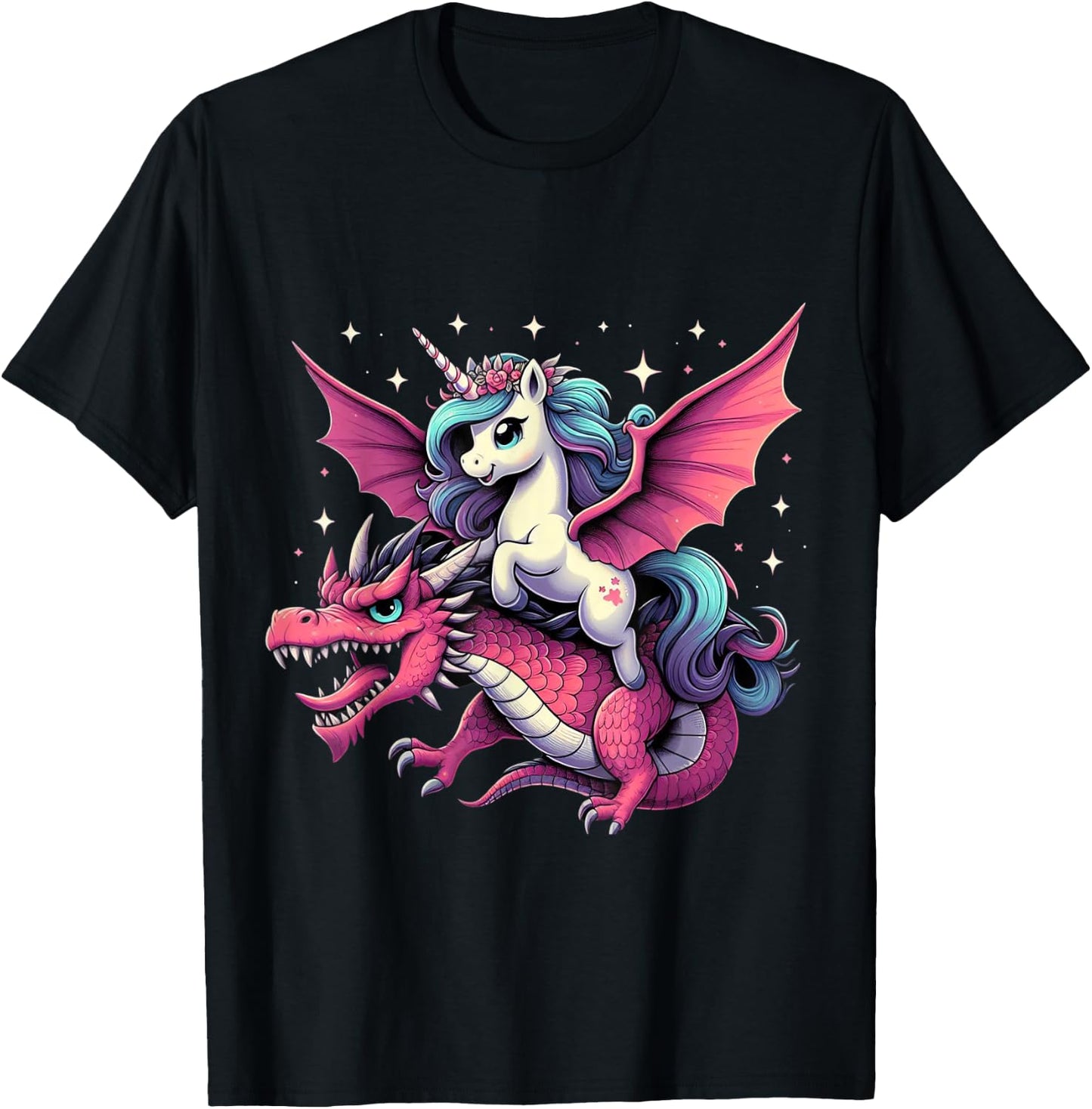 Unicorn Riding Dragon Boys Girls Women Kids Teens Rainbow T-Shirt - T-Shirt | Black
