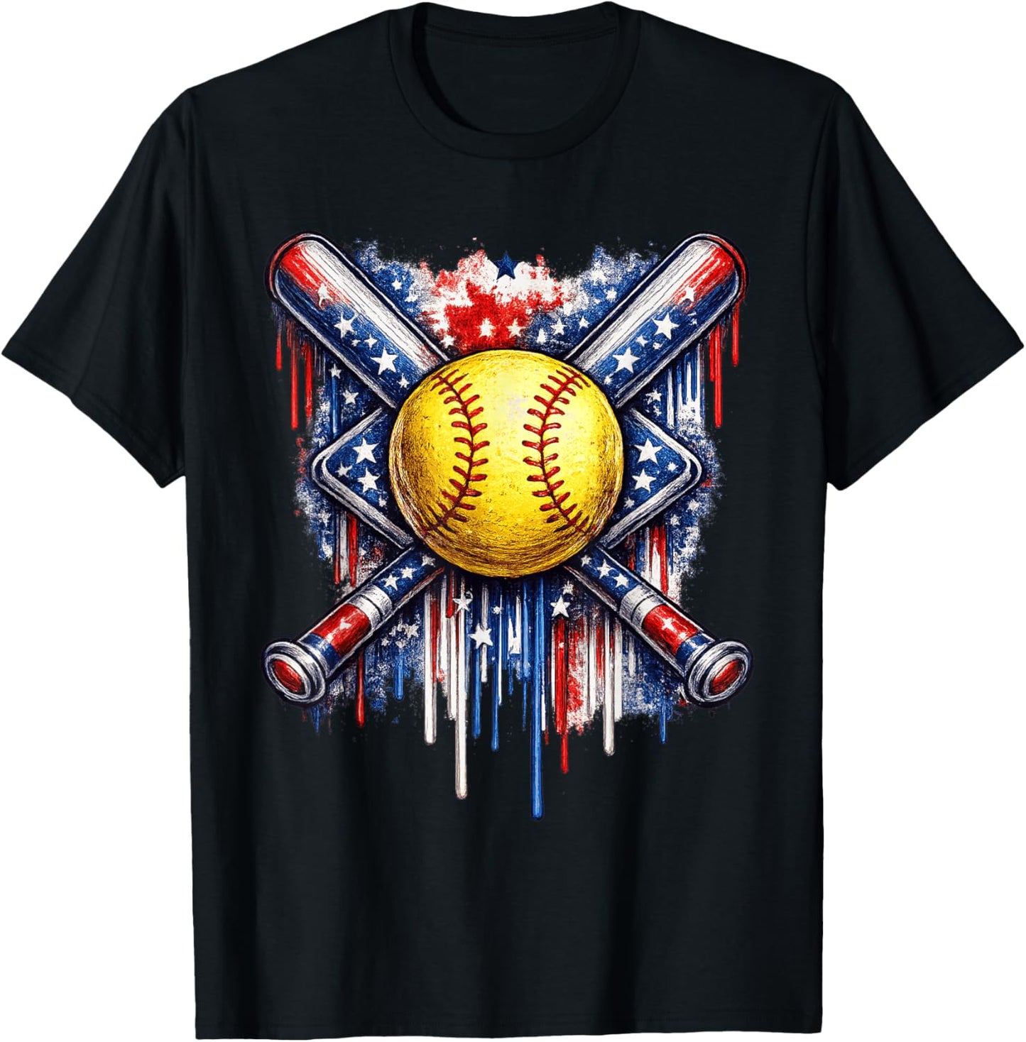Softball Drip Ice Cream American Flag 4th of July T-Shirt - T-Shirt | Black