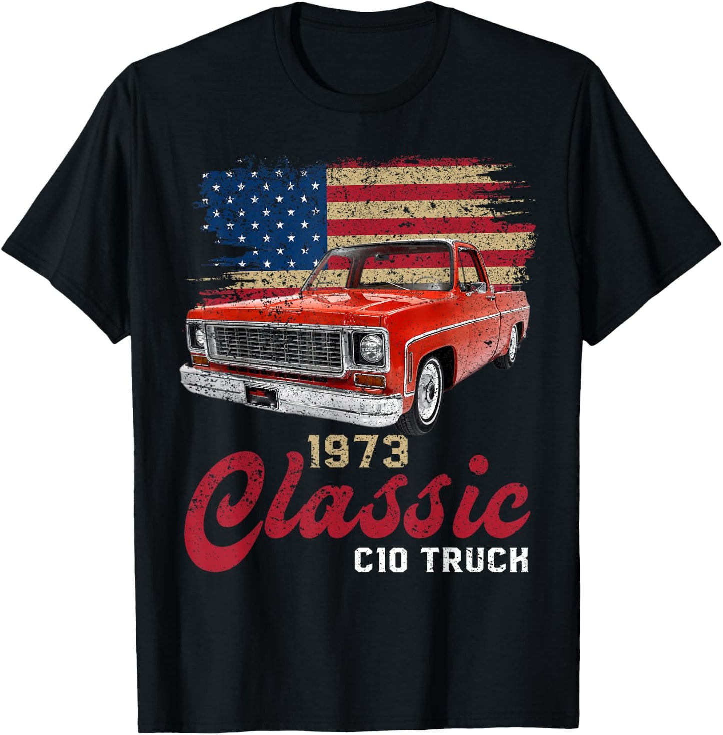 1973 73 c10 truck American Flag T-Shirt - T-Shirt | Black
