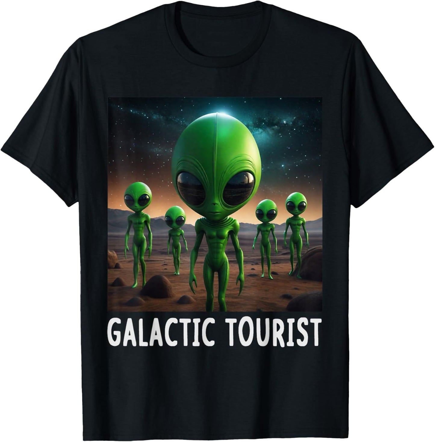 Funny Aliens Galactic Tourist Spaceship UFO Men Women Kids T-Shirt - T-Shirt | Black