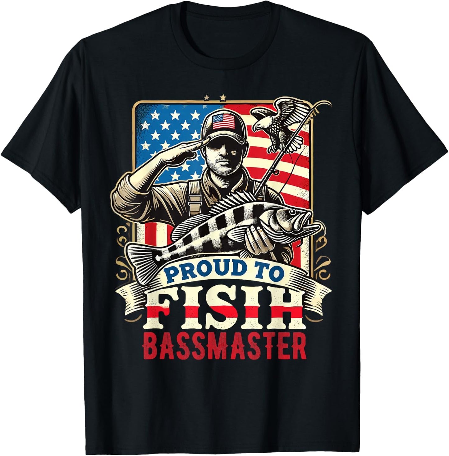 Proud to Fish Bassmaster Patriotic Design T-Shirt - T-Shirt | Black