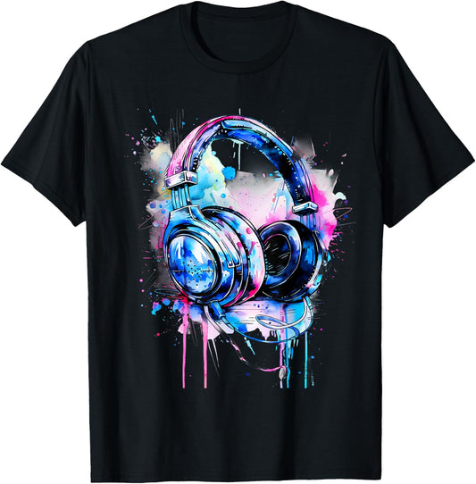 Headphones Music DJ Splash Music Headphones House Dance Club T-Shirt - T-Shirt | Black