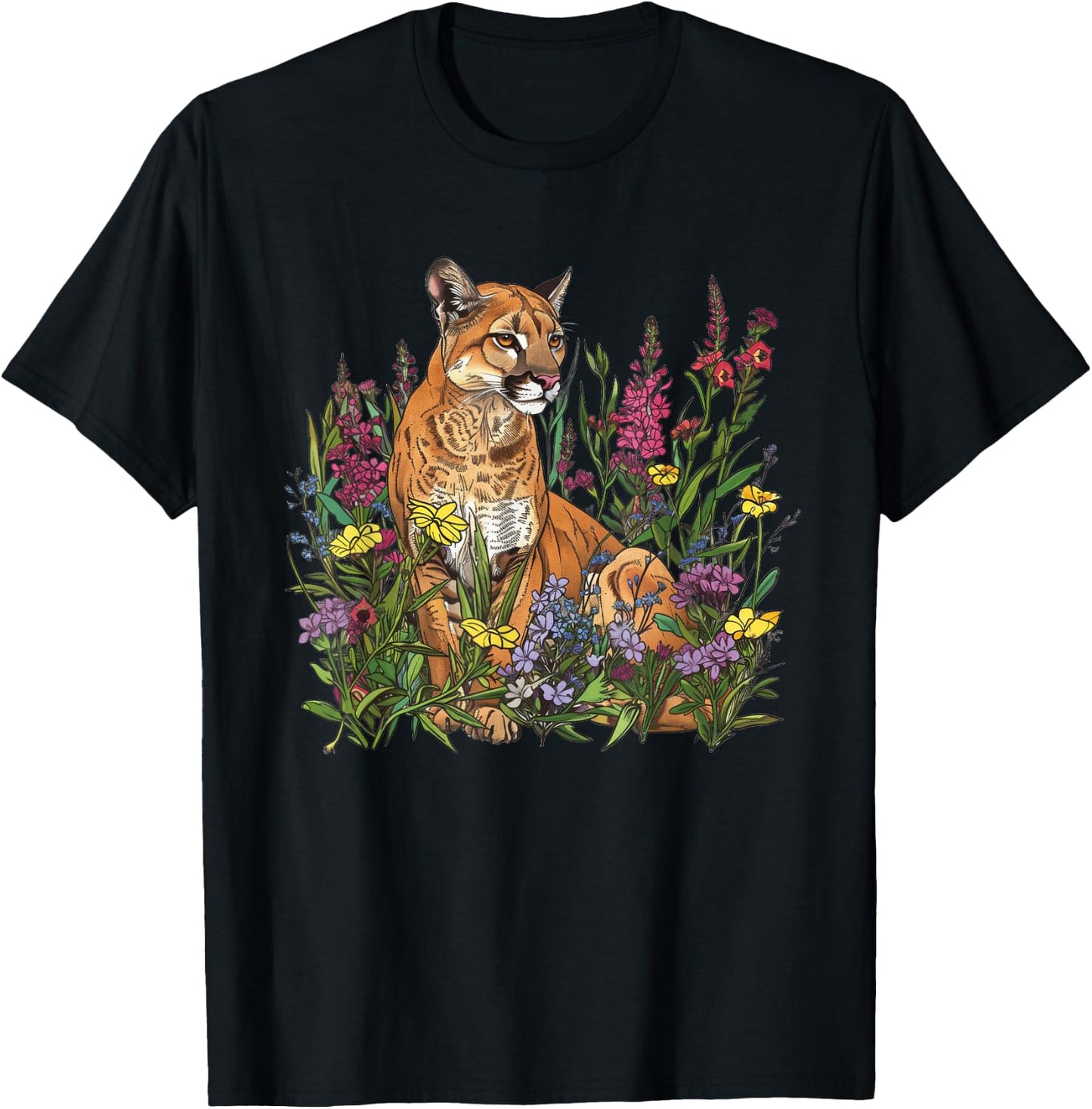 Mountain Lion Amidst Wildflowers T-Shirt - T-Shirt | Black