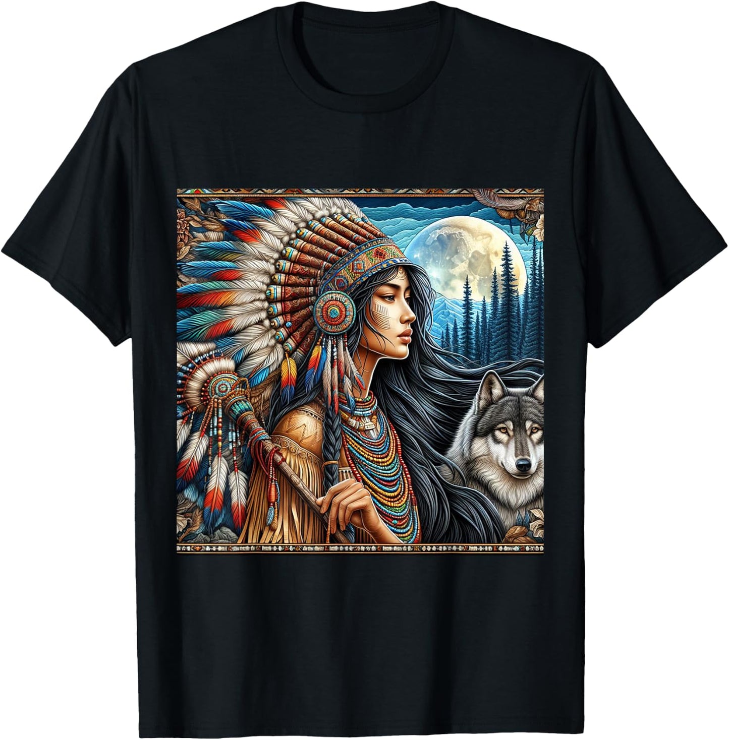 Indian Native American Woman with White Wolf Vintage Gifts T-Shirt - T-Shirt | Black