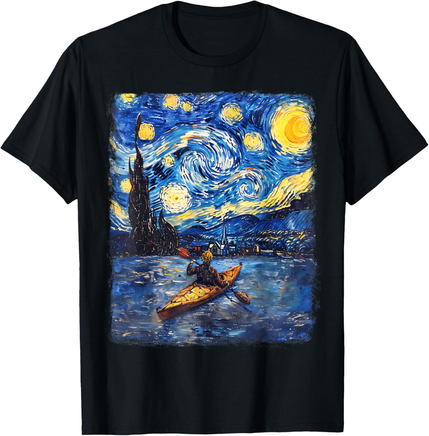 Kayaking Kayak Kayaker Starry Night Painting T-Shirt - T-Shirt | Black