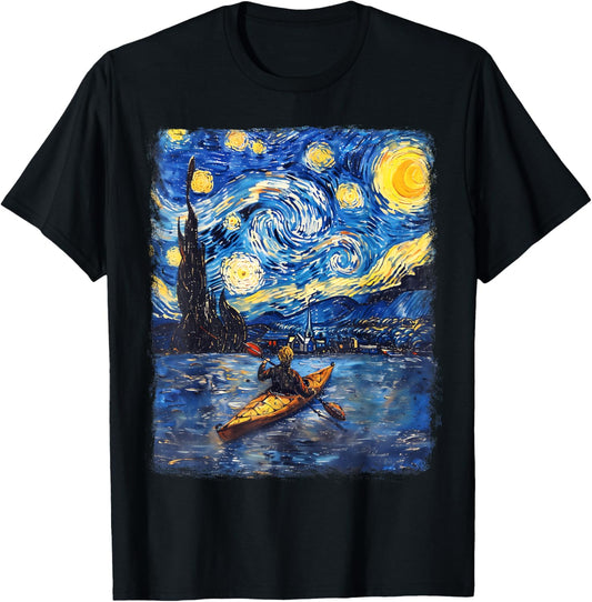 Kayaking Kayak Kayaker Starry Night Painting T-Shirt - T-Shirt | Black