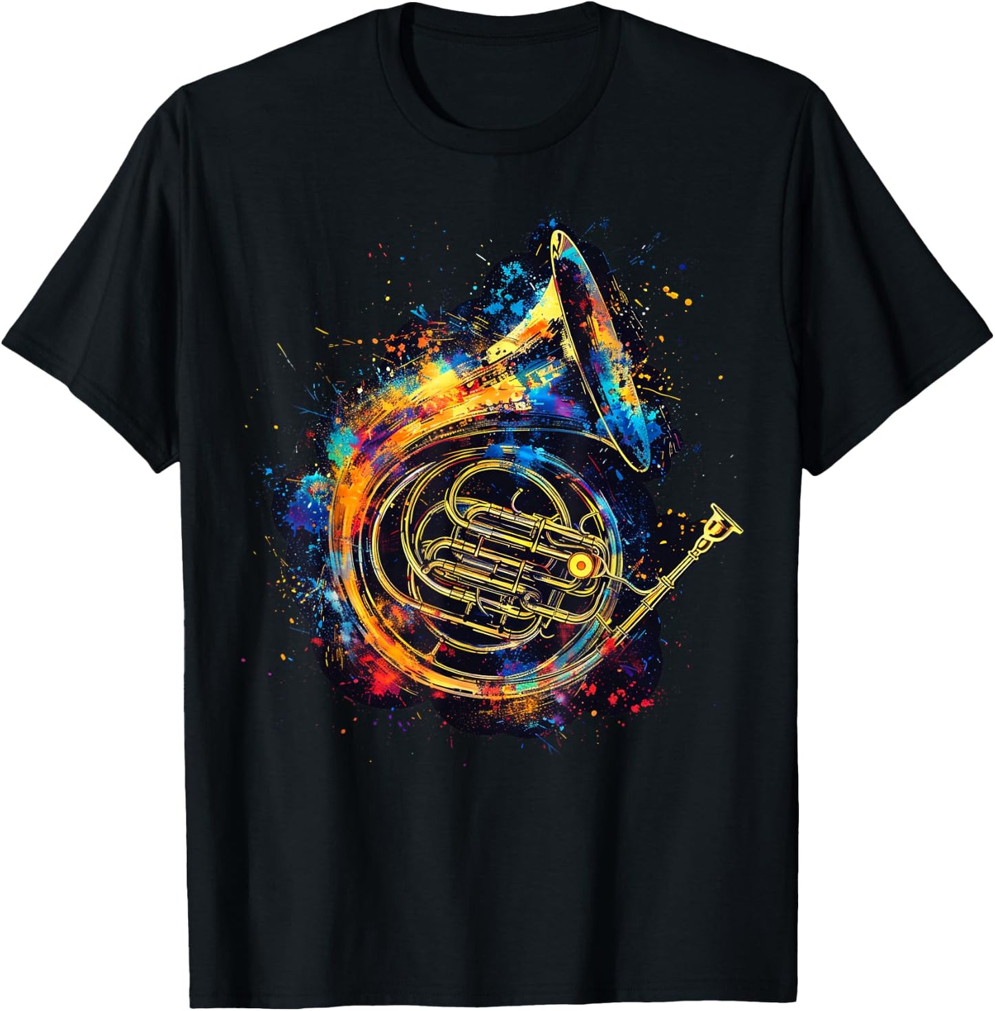 French Horn Instrument on Colorful Painted French Horn T-Shirt - T-Shirt | Black