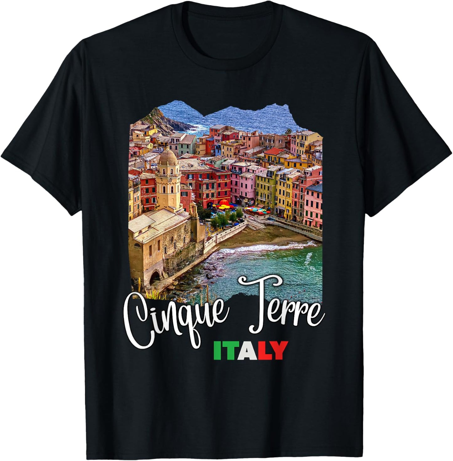 Cinque Terre Italy Souvenirs Cinque Terre Aerial View , -Adults, Black, Small, Short Sleeve T-Shirt - T-Shirt | Black