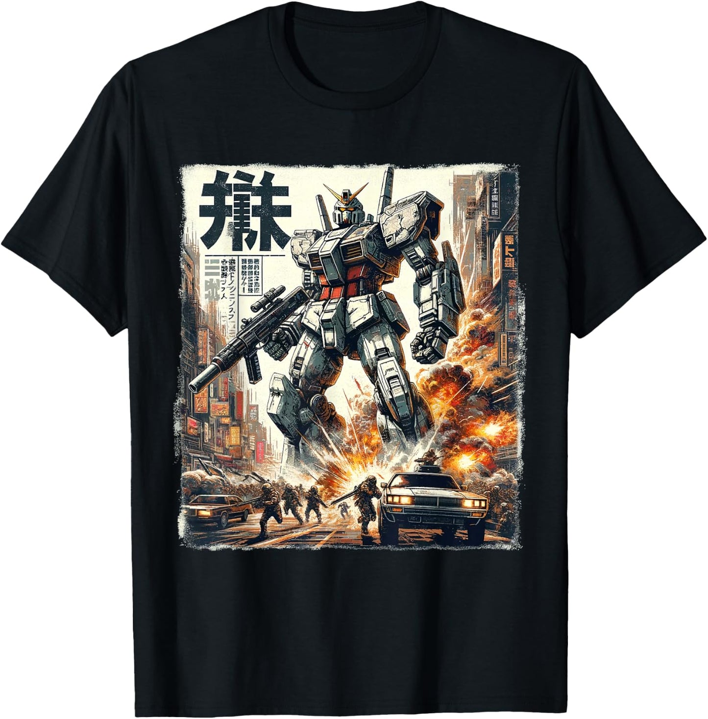 Mech Assault Futuristic Urban Warfare Japanese Battle Art T-Shirt - T-Shirt | Black