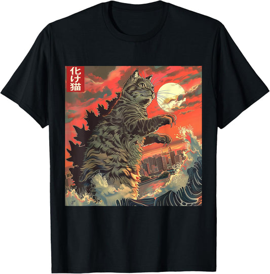 Catzilla Attacking Japan Funny Cute Cat Anime Style T-Shirt - T-Shirt | Black