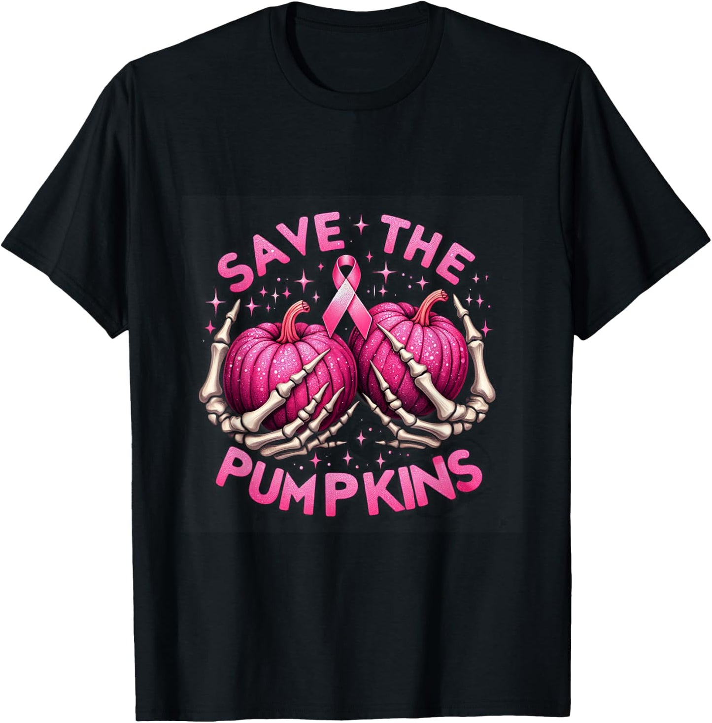 Skeleton Halloween Save The Pumpkins Breast Cancer Awareness T-Shirt - T-Shirt | Black