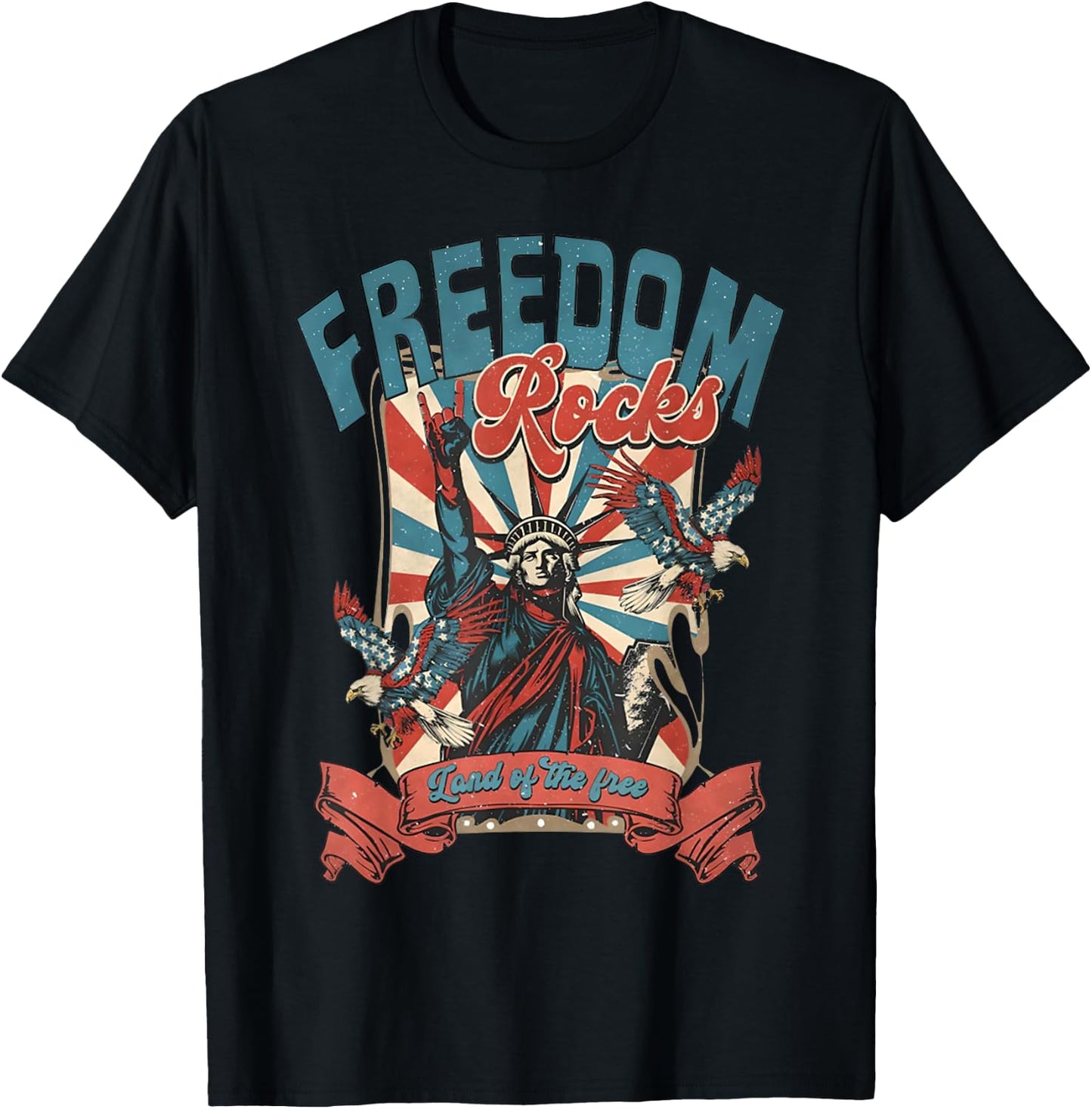 Freedom Rocks July 4th Rock On Patriotic Statue Of Liberty Kids Men T-Shirt - T-Shirt | Black