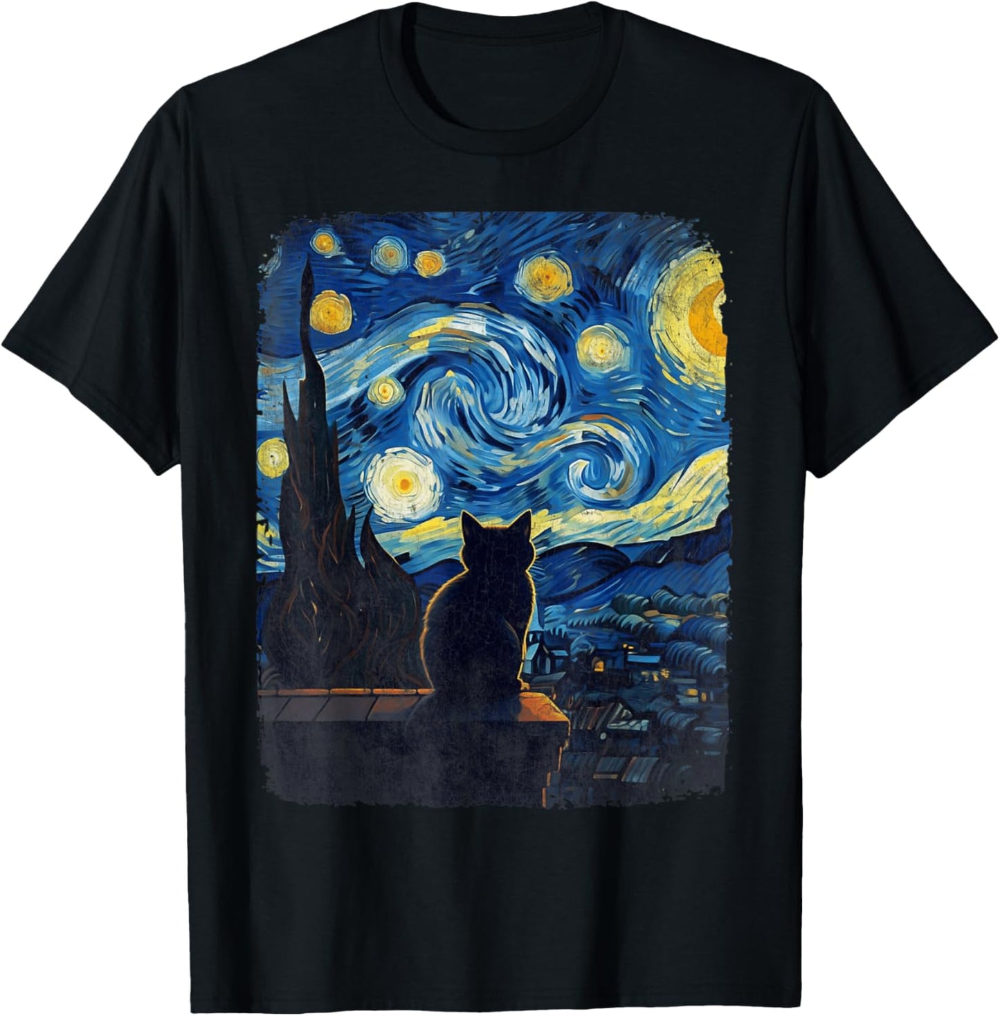Cat Gifts for Cat Mom Dad Starry Night Van Gogh Cat T-Shirt - T-Shirt | Black