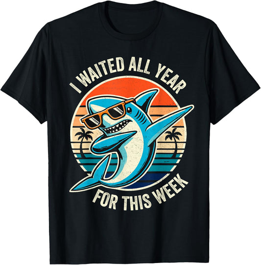 Funny Retro Shark Lovers I Waited All Year for This Week T-Shirt - T-Shirt | Black