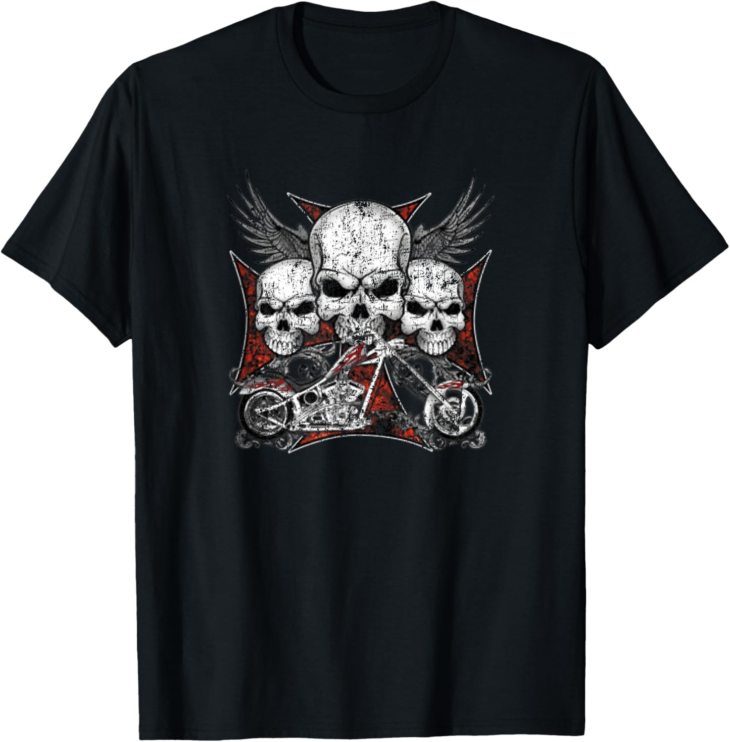 Skulls Iron Cross Chopper Wings Cool Vintage Biker T-Shirt - T-Shirt | Black