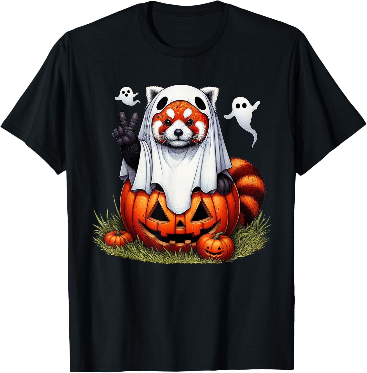 Funny Red Panda Ghost Boo Halloween Kids T-Shirt - T-Shirt | Black