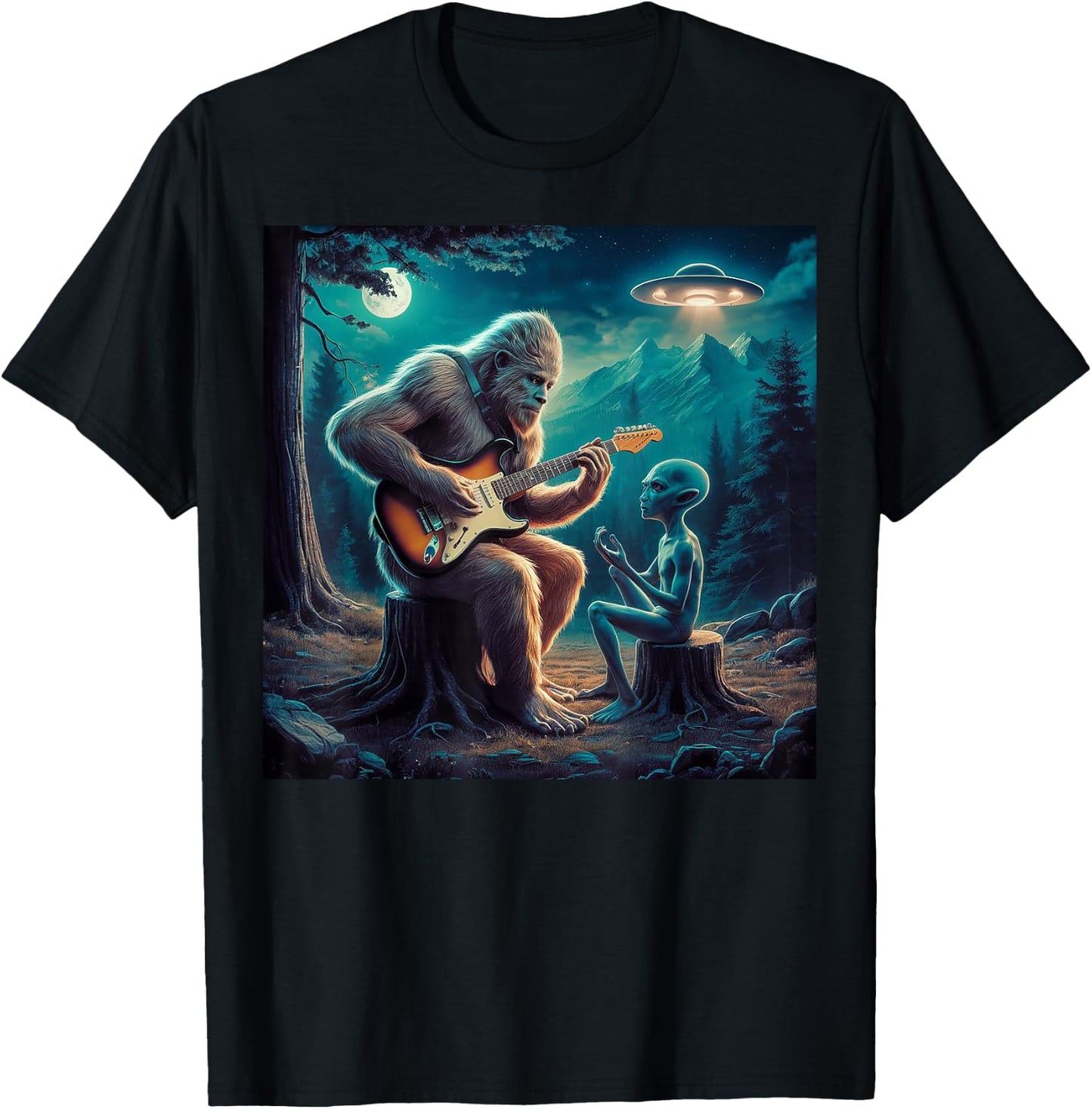 Alien Bigfoot Guitar Sasquatch UFO Gifts , Women, Kid T-Shirt - T-Shirt | Black