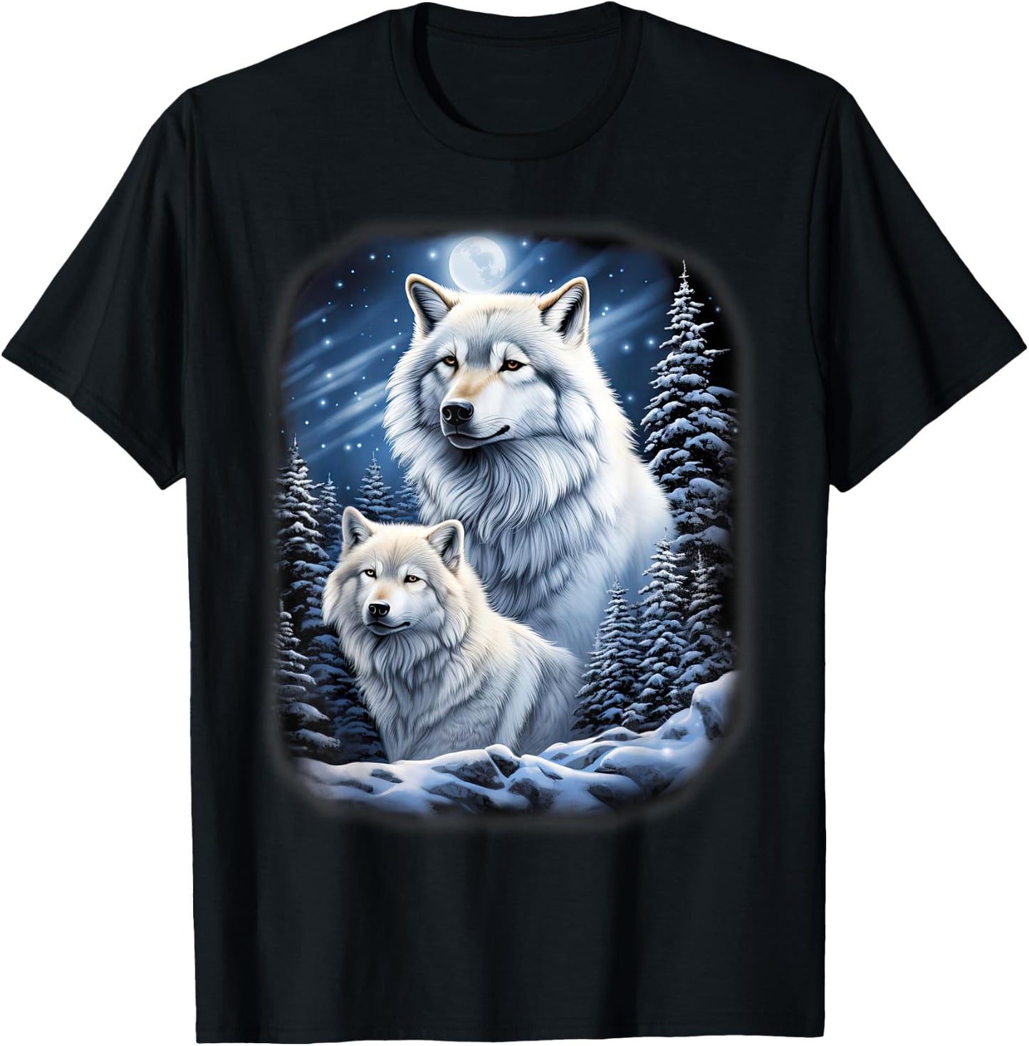 Wolves on an icy hill in the mountains with shiny moon T-Shirt - T-Shirt | Black
