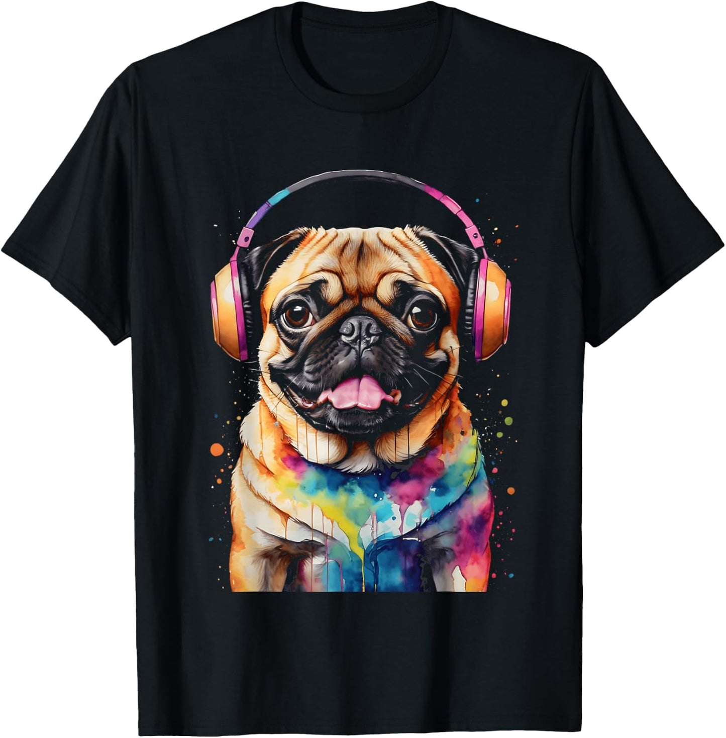Pug Headphones Dog Colorful Funny Animal Art Print Graphic Men Women Kids T-Shirt - T-Shirt | Black