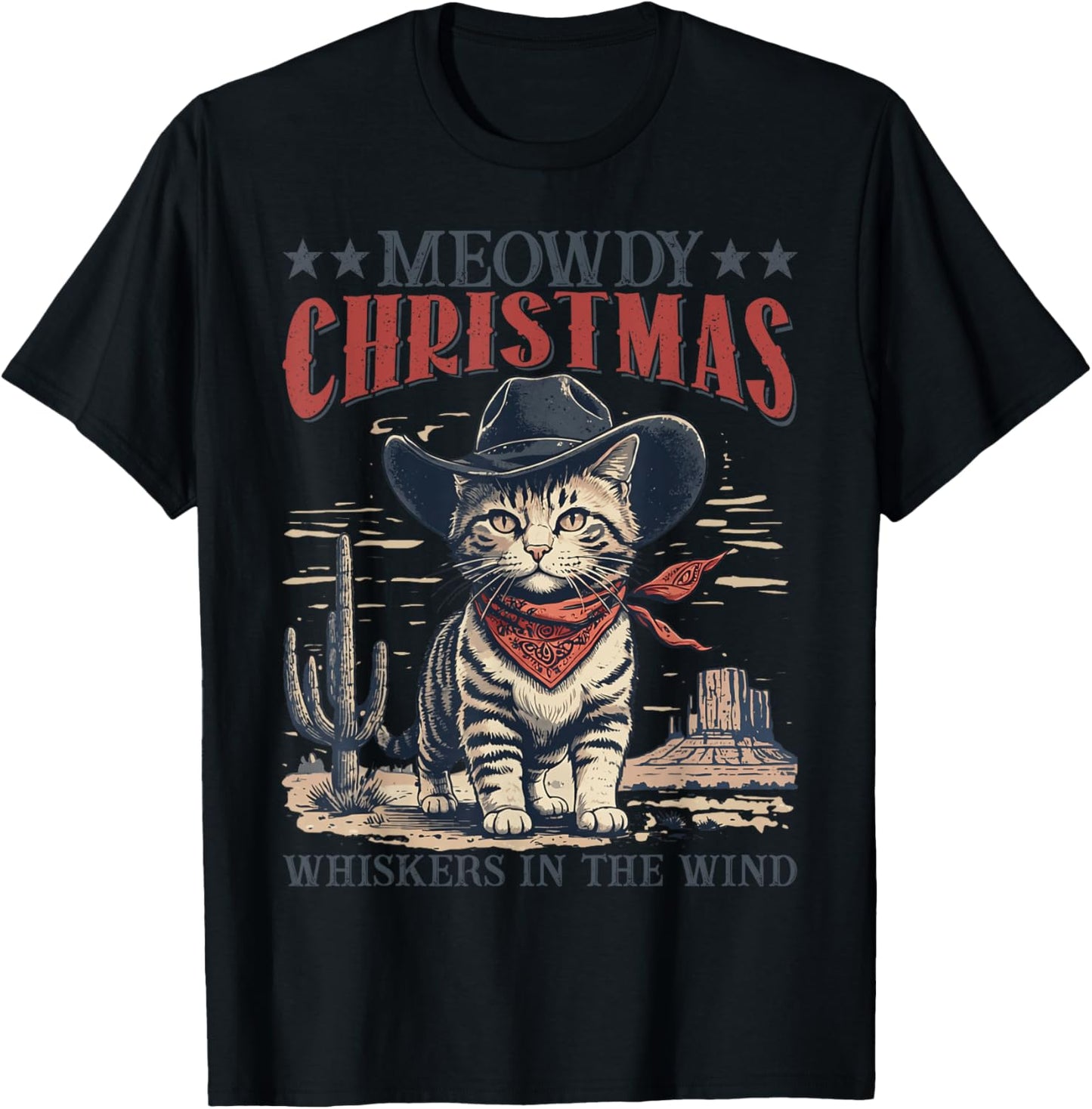 Meowdy Partner Cowboy Cat Christmas Vintage Cowboy Cat Santa T-Shirt - T-Shirt | Black